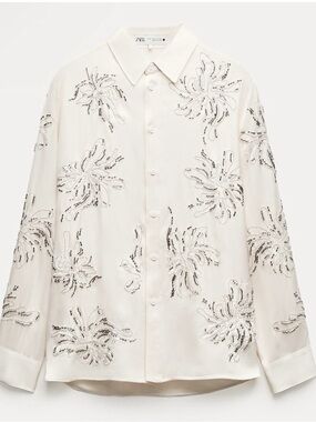 ZARA Embroidered Beaded Floral Button Down Blouse in Cream Silver